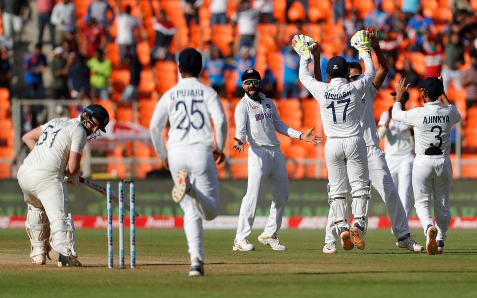 India celebrates the wicket of Jonny Bairstow of England during day two of the third PayTM test match between India and England held at the Narendra Modi Stadium , Ahmedabad, Gujarat, India on the 25th February 202 - Sportzpics for BCCI