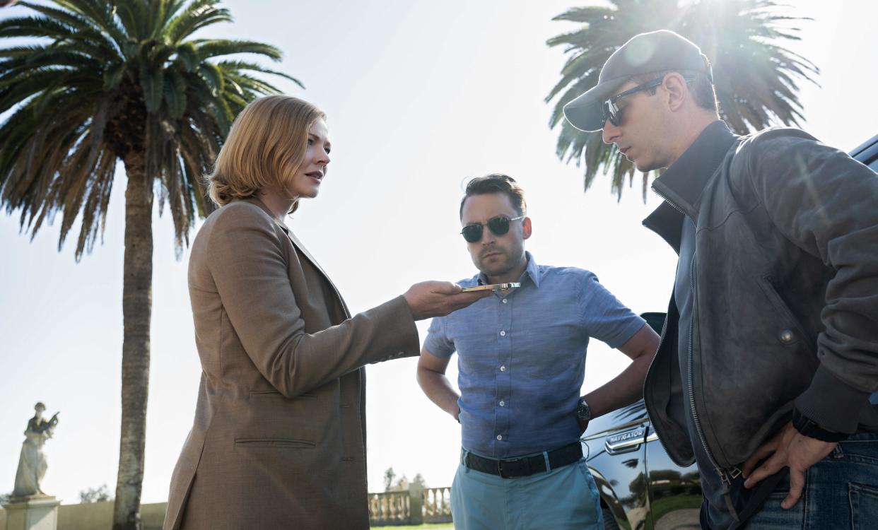 Jeremy Strong and Sarah Snook and Kieran Caulkin in Succession S4. (Sky/HBO)