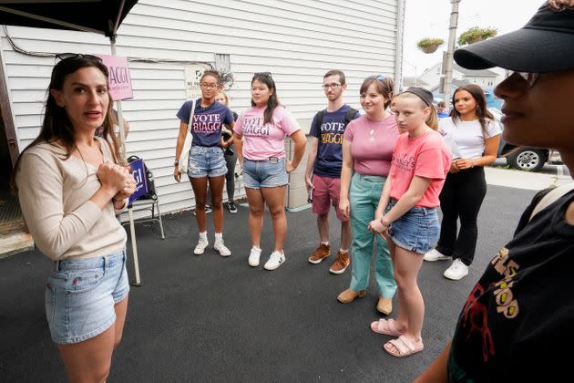 Biaggi (left) talks to volunteers at a canvass launch in Sleepy Hollow, New York, on Aug. 13. With fewer funds, her campaign has relied on a strong ground game. (Photo: Mary Altaffer/Associated Press)