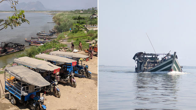 Picture of sand and gravel boats unloading on the Salween River in Myanmar (left), with motorbikes towing the load and a sand and gravel boat on the Salween River. 