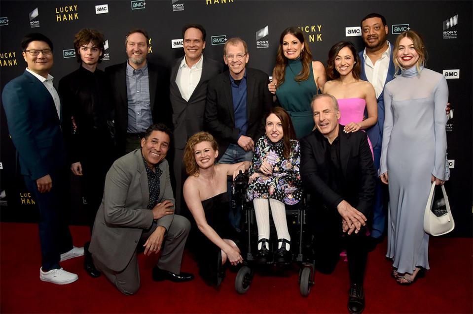 Arthur Keng, Jackson Kelly, Aaron Zelman, Oscar Nunez, Diedrich Bader, Mireille Enos, Paul Lieberstein, Shannon DeVido, Suzanne Cryer, Bob Odenkirk, Sara Amini, Cedric Yarbrough and Olivia Scott Welch attend the Los Angeles premiere of AMC Network's "Lucky Hank" at The London West Hollywood at Beverly Hills on March 15, 2023 in West Hollywood, California.