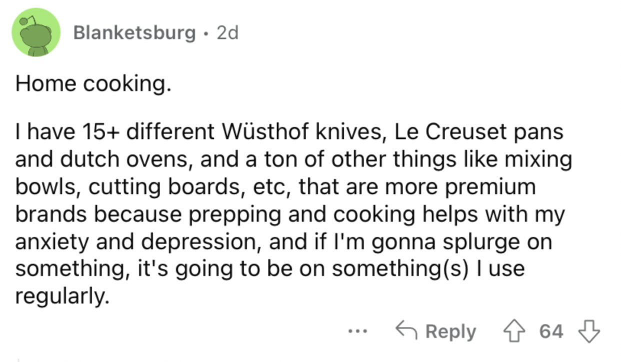 Reddit screenshot of someone talking about home cooking supplies collection.