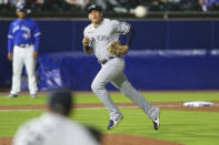 New York Yankees third baseman Gio Urshela watches his throw to first for the out on Toronto Blue Jays' Bo Bichette during the eighth inning of a baseball game Wednesday, June 16, 2021, in Buffalo, N.Y. (AP Photo/Jeffrey T. Barnes)