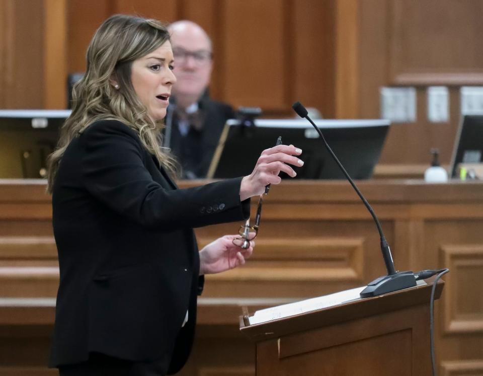 Door County District Attorney Colleen Nordin asks questions to prospective jurors during jury selection on Monday at the Door County Justice Center in Sturgeon Bay.