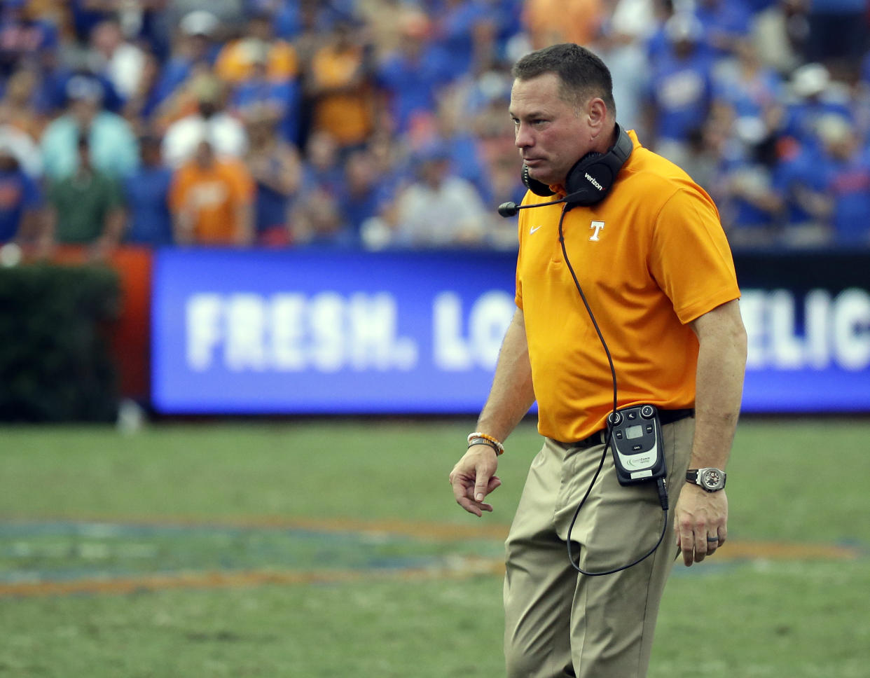 Tennessee head coach Butch Jones failed to explain a baffling sequence during Florida’s win. (AP Photo/John Raoux)