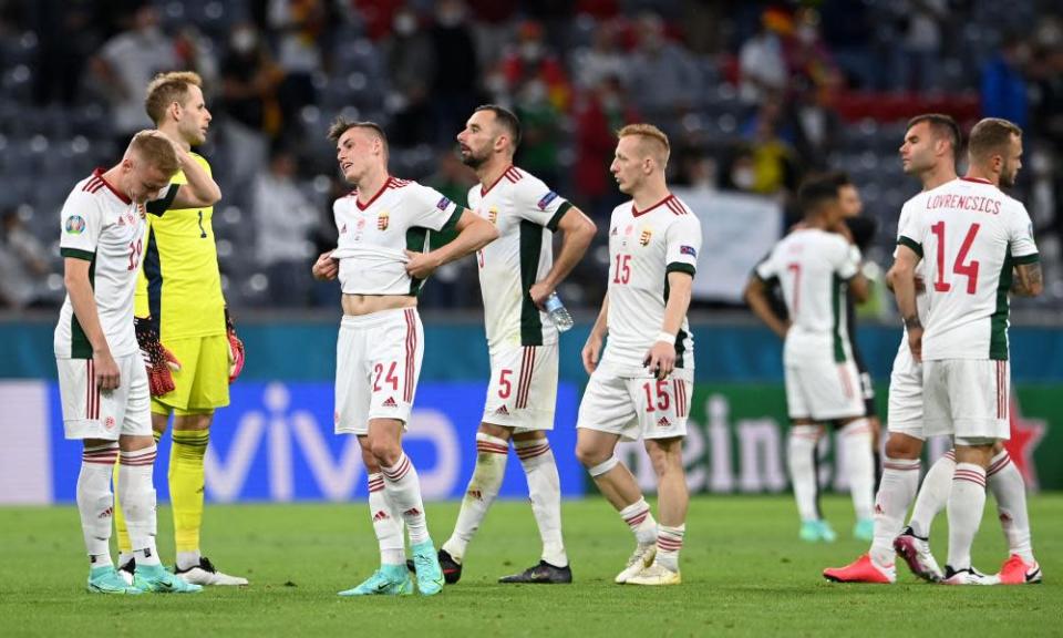Hungary&#x002019;s players look dejected at the final whistle