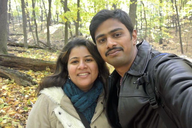 In this undated photo provided by Kranti Shalia, Srinivas Kuchibhotla, right, poses for photo with his wife Sunayana Dumala in Cedar Rapids, Iowa. In the middle of a crowded bar, a 51-year-old former air traffic controller yelled at two Indian men - Kuchibhotla and Alok Madasani - to 