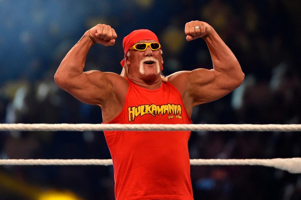 Wrestling legend Hulk Hogan greets the crowd during the World Wrestling Entertainment (WWE) Crown Jewel pay-per-view at the King Saud University Stadium in Riyadh on November 2, 2018. (Photo by Fayez Nureldine / AFP) (Photo by FAYEZ NURELDINE/AFP via Getty Images)