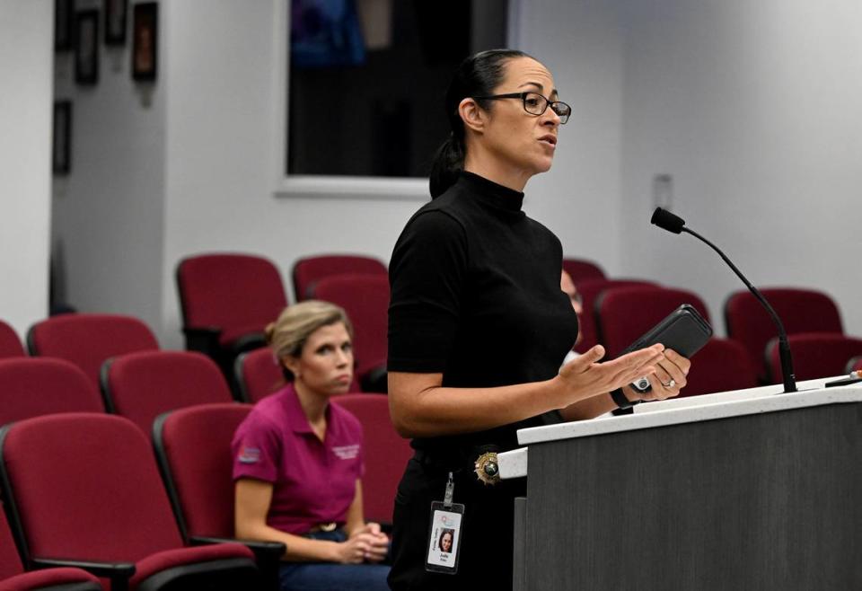 Public Safety Director Jodie Fiske updates the county commission as they meet in preparation for Tropical Storm Idalia’s expected strengthening and approach on August 28, 2023.