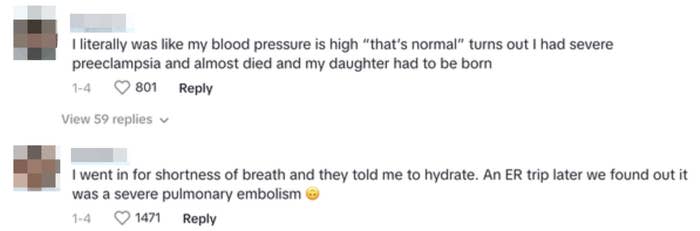 Two user comments sharing personal medical experiences, one with "normal" high blood pressure that turned out to be preeclampsia, and the other shortness of breath that turned out to be a severe pulmonary embolism