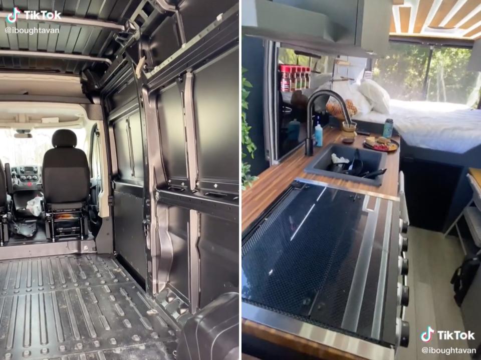 Before and after converting the van.