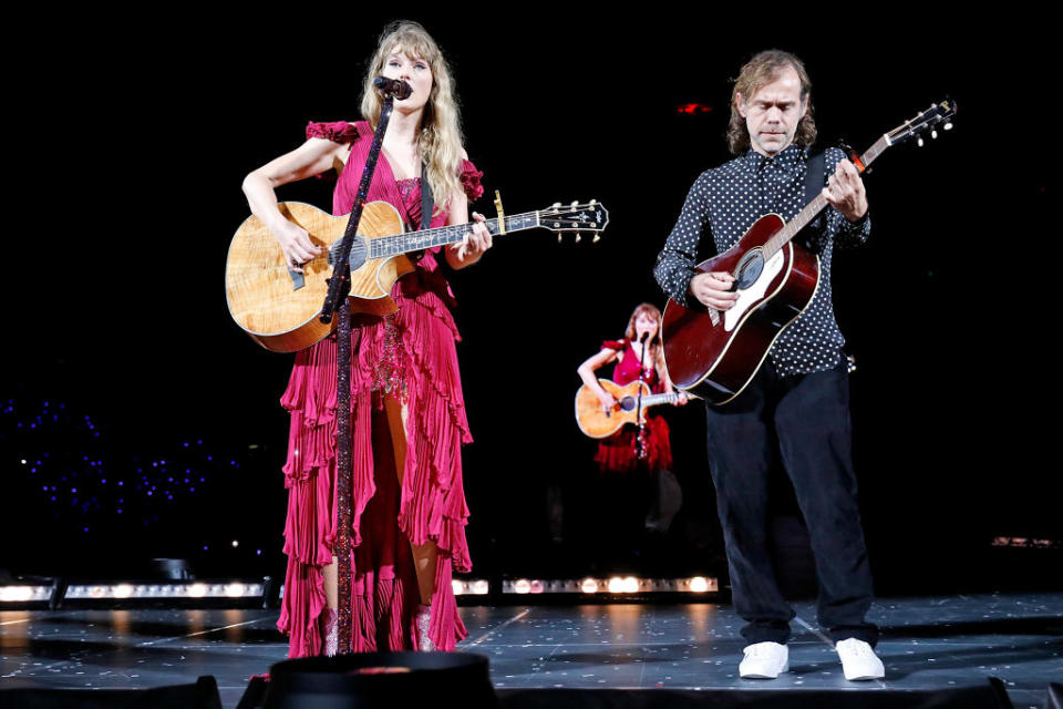 TAMPA, FLORIDA - APRIL 14: EDITORIAL USE ONLY Taylor Swift and Aaron Dessner perform onstage during "Taylor Swift | The Eras Tour" at Raymond James Stadium on April 14, 2023 in Tampa, Florida. (Photo by Octavio Jones/TAS23/Getty Images for for TAS Rights Management)
