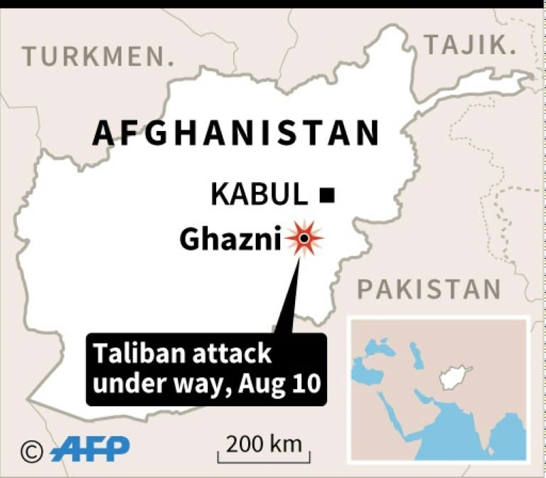 Map of Afghanistan locating a Taliban attack in Ghazni which began on August 10