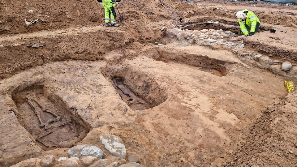 An archaeological excavation site of a Franciscan friary graveyard in the center of the Swedish city of Halmsted.