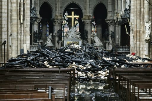 The altar surrounded by charred debris inside Notre-Dame after the fire