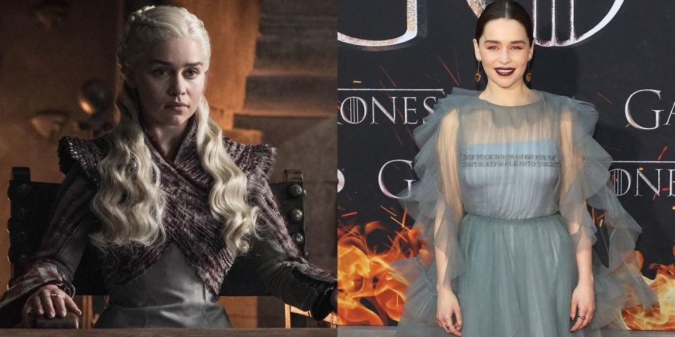 <p>From left: Clarke as Daenerys Targaryen in Season 8; Clarke at the <em>Game of Thrones</em> Season 8 premiere on April 3, 2019. </p>