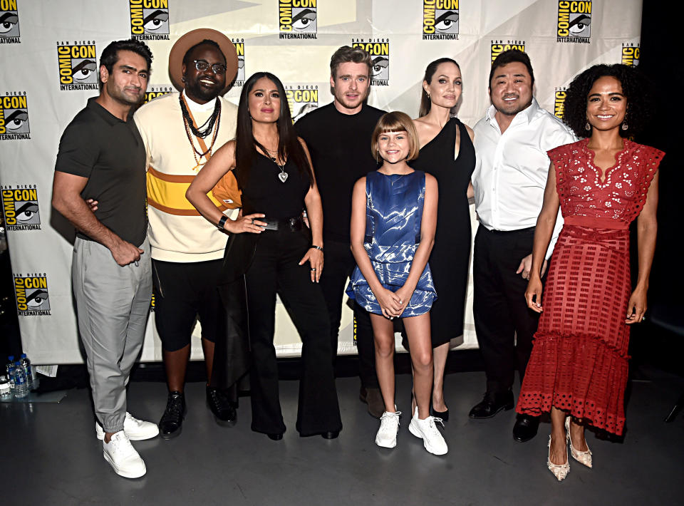 (L-R) Kumail Nanjiani, Brian Tyree Henry, Salma Hayek, Richard Madden, Lia McHugh, Angelina Jolie, Don Lee and Lauren Ridloff of Marvel Studios' 'The Eternals' at the San Diego Comic-Con in 2019.<span class="copyright">Getty Images for Disney</span>