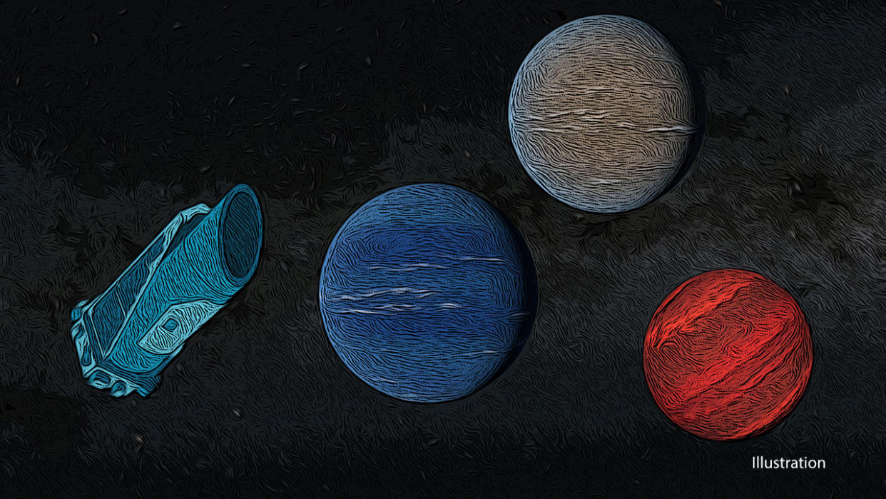  Illustration of three exoplanets next to a diagram of the kepler space telescope. 