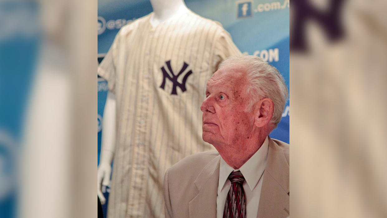 Mandatory Credit: Photo by Bebeto Matthews/AP/Shutterstock (6238800a)New York Yankees great Don Larsen reacts during a news conference announcing the auction of his 1956 perfect game uniform.