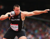 Tom Walsh of New Zealand competes in the Men's Shot Put qualification at Hampden Park Stadium.