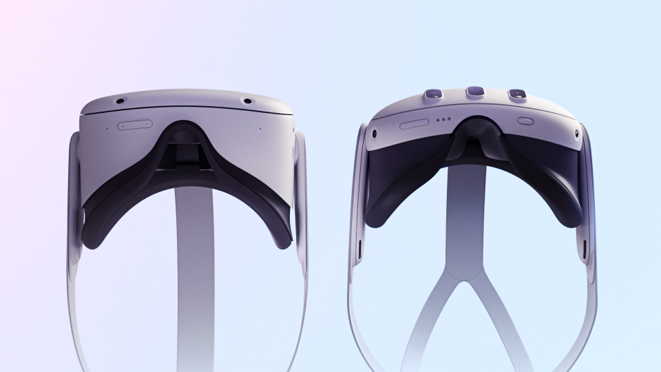 The Oculus Quest 2 next to the Meta Quest 3, you can see the Quest 3 is a lot slimmer than the Quest 2