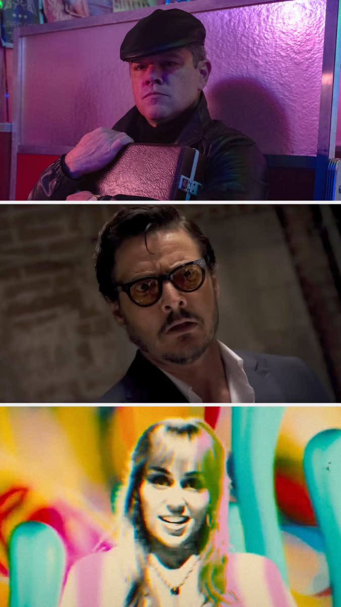 Screenshots from "Drive-Away Dolls" showing Matt Damon, Pedro Pascal, and Miley Cyrus