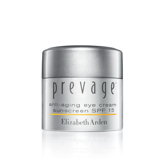 <p>This hydrating eye cream has a golden peach tint to it, but it disappears on application. It’s loaded with Idebenone, a powerful antioxidant to keep your eye area looking young and supple. <a href="http://www.elizabetharden.com/prevage-anti-aging-eye-cream-sunscreen-spf-15/1001PRVN00053,default,pd.html" rel="nofollow noopener" target="_blank" data-ylk="slk:Elizabeth Arden PREVAGE Anti-aging Eye Cream Sunscreen SPF 15 ($100);elm:context_link;itc:0;sec:content-canvas" class="link ">Elizabeth Arden PREVAGE Anti-aging Eye Cream Sunscreen SPF 15 ($100)</a></p>