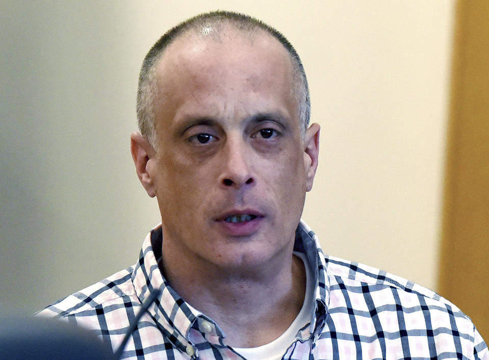 Youth Development Center plaintiff David Meehan testifies in his civil trial at Rockingham County Superior Court in Brentwood, N.H. on Wednesday, April 17, 2024. (David Lane/Union Leader via AP, Pool)