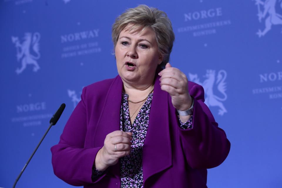 Norway's Prime Minister Erna Solberg gives a press conference for children on March 16, 2020. (Photo: LISE ASERUD via Getty Images)