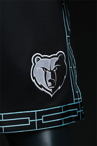 A detail view of the accents on the shorts of the Memphis Grizzlies' new MLK50 Pride uniforms. (Photo via Grizzlies)