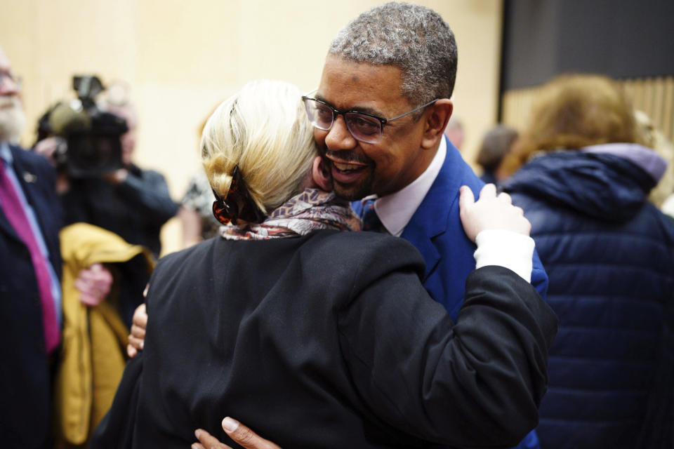 Vaughan Gething is congratulated by Labour supporters in a lecture hall at Cardiff University, after being elected as the next Welsh Labour leader and First Minister of Wales, in Cardiff, Saturday, March 16, 2024. Gething has won the Welsh Labour Party leadership contest and is set to become the first Black leader of Wales’ semi-autonomous government. Gething, who is currently Welsh economy minister, beat Education Minister Jeremy Miles in a race to replace First Minister Mark Drakeford. (Ben Birchall/PA via AP)