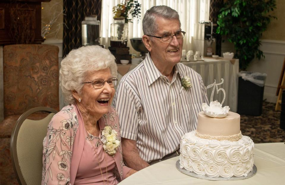 Ethel, left, and Earl Swope celebrate their 75th anniversary on August 6, 2023.