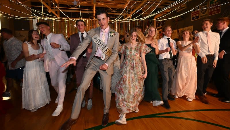 Payson High School kids dance to "Footloose" as they attend prom at the school on Saturday, April 20, 2024.