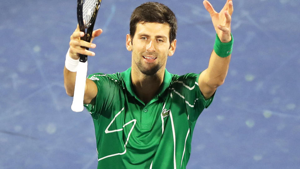 Novak Djokovic, pictured here celebrating after winning his quarter-final in Dubai. 