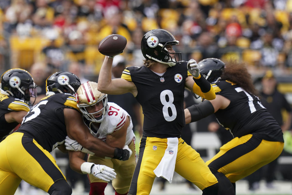 Pittsburgh Steelers quarterback Kenny Pickett throws against the San Francisco 49ers during the first half of an NFL football game, Sunday, Sept. 10, 2023, in Pittsburgh. (AP Photo/Matt Freed)