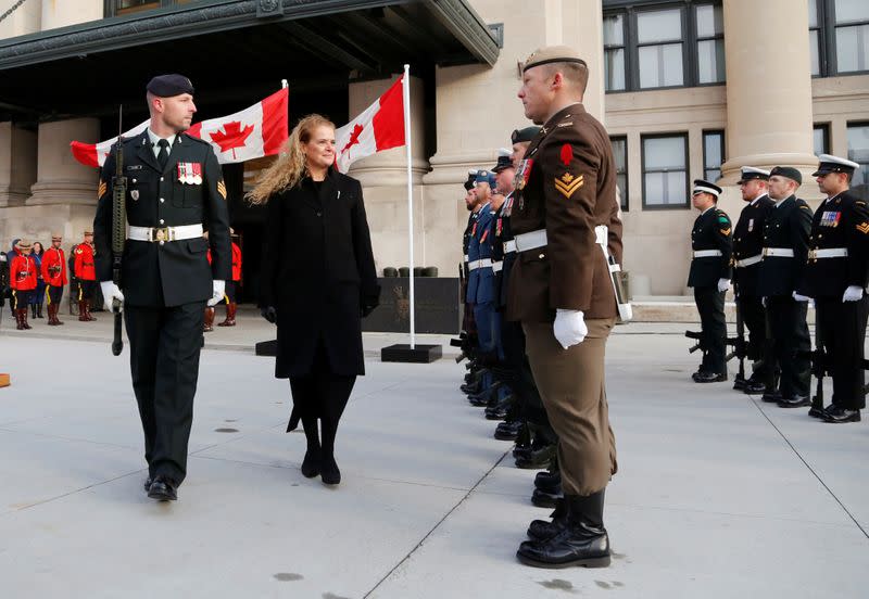 Canada's Governor General Julie Payette inspects a ceremonial guard in Ottawa