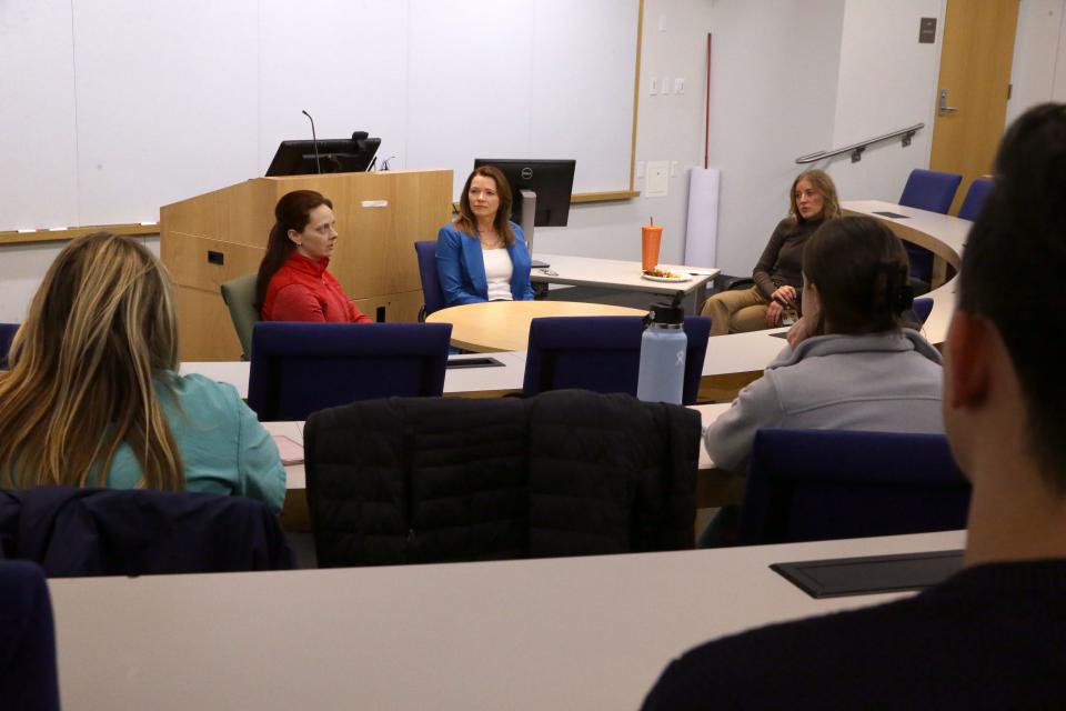 First Congressional District candidate Christina Bohannan, right, and Abbey Hardy-Fairbanks, Medical Director of Emma Goldman Clinic and Clinical Professor of Obstetrics and Gynecology, left, talk to UI medical students about reproductive legislation Monday, Feb. 5, 2024 in Iowa City.