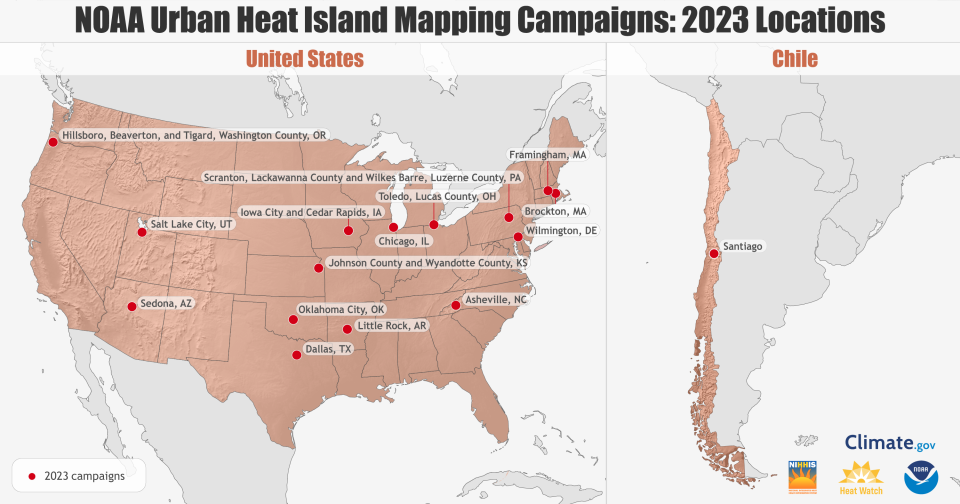 A map shows the various locations for the National Oceanic and Atmospheric Administration Urban Heat Island Mapping campaign. IMAGE PROVIDED