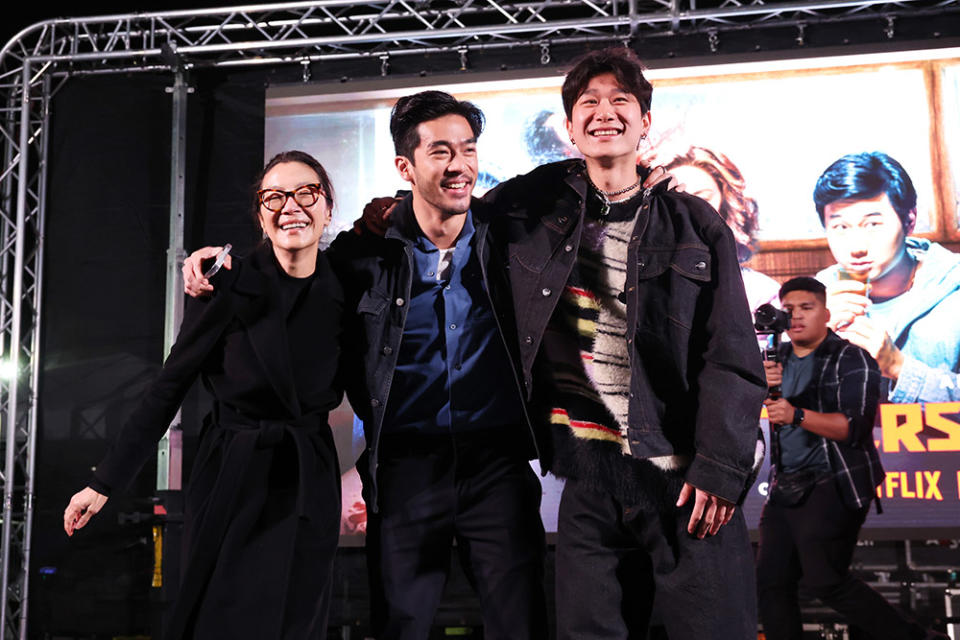 Michelle Yeoh, Justin Chien, and Sam Song Li attend The Brothers Sun at 626 Night Market on January 06, 2024 in Arcadia, California.