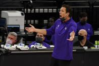 Sacramento Kings coach Luke Walton reacts to a foul called against the team during the first quarter of an NBA basketball game against the Portland Trail Blazers in Sacramento, Calif., Saturday, Jan. 9, 2021.(AP Photo/Rich Pedroncelli)