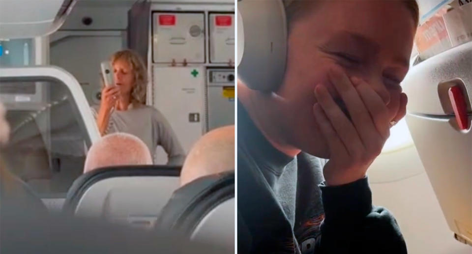 Jetstar passenger singing into PA system; Jetstar passenger laughing