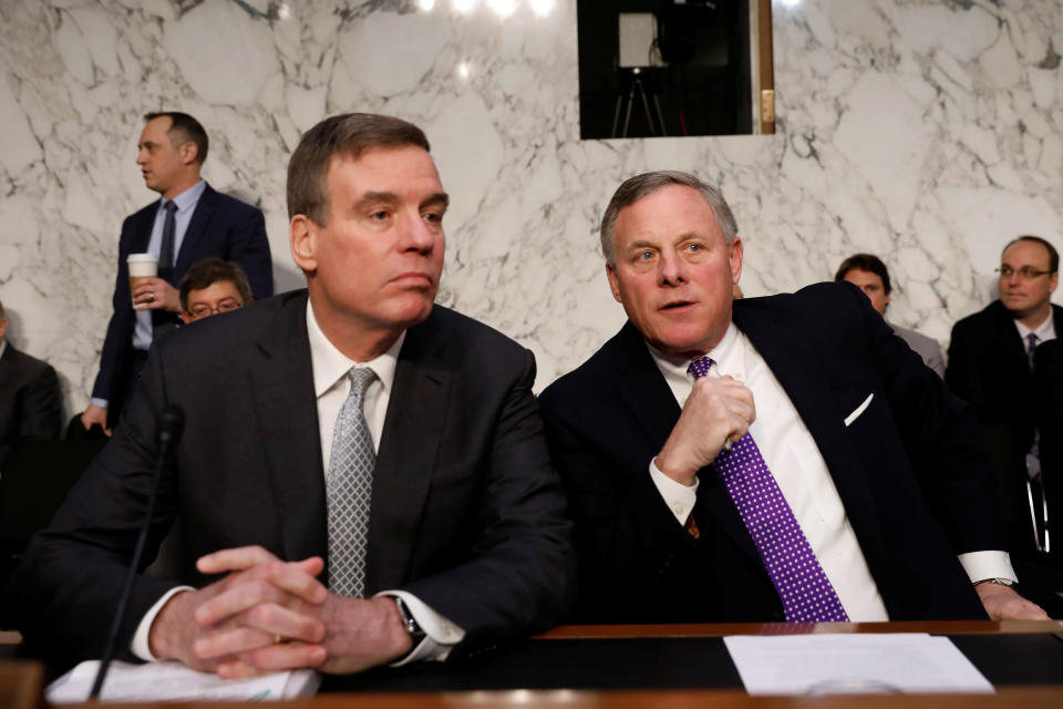 Democratic Sen. Mark Warner of Virginia (left) and Sen. Richard Burr, a North Carolina Republican, spoke to House Speaker Paul Ryan (R-Wis.) about their concerns over the leak, according to The New York Times. (Photo: Aaron Bernstein / Reuters)