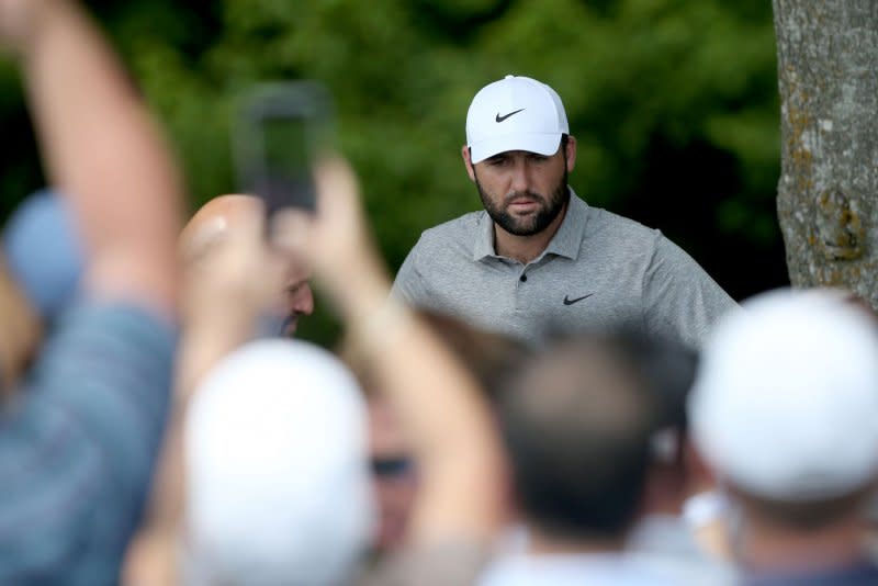 Scottie Scheffler is surrounded by the crowd during the third round of the 2024 PGA Championship on Saturday at Valhalla Golf Club in Louisville, Ky. Photo by John Sommers II/UPI