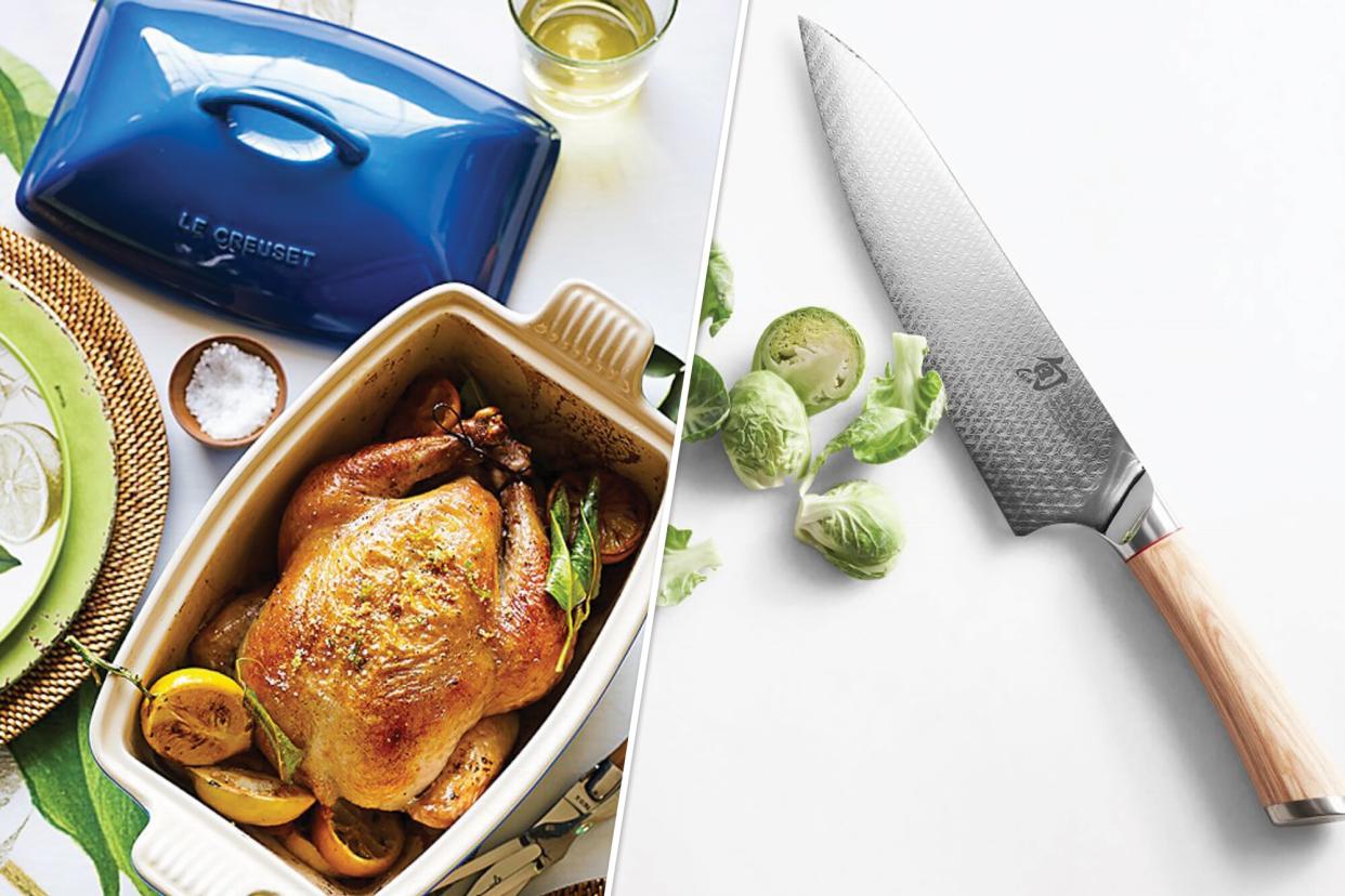 Le Creuset dutch oven and chef's knife available at Williams Sonoma