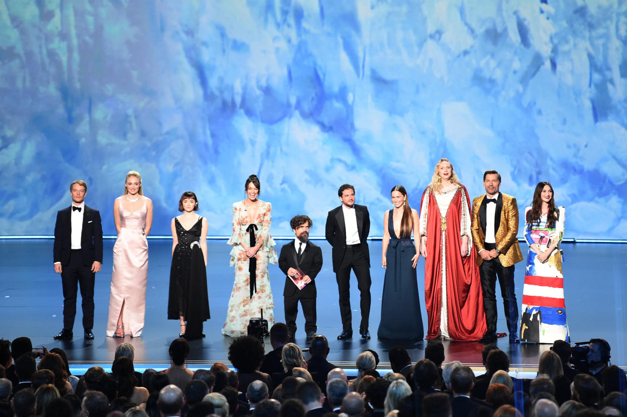 Alfie Allen, Sophie Turner, Maisie Williams, Lena Headey, Peter Dinklage, Kit Harington, Emilia Clarke, Gwendoline Christie, Nikolaj Coster-Waldau, and Carice van Houten speak onstage during the 71st Emmy Awards at Microsoft Theater on September 22, 2019 in Los Angeles, California. (Photo: Kevin Winter via Getty Images)