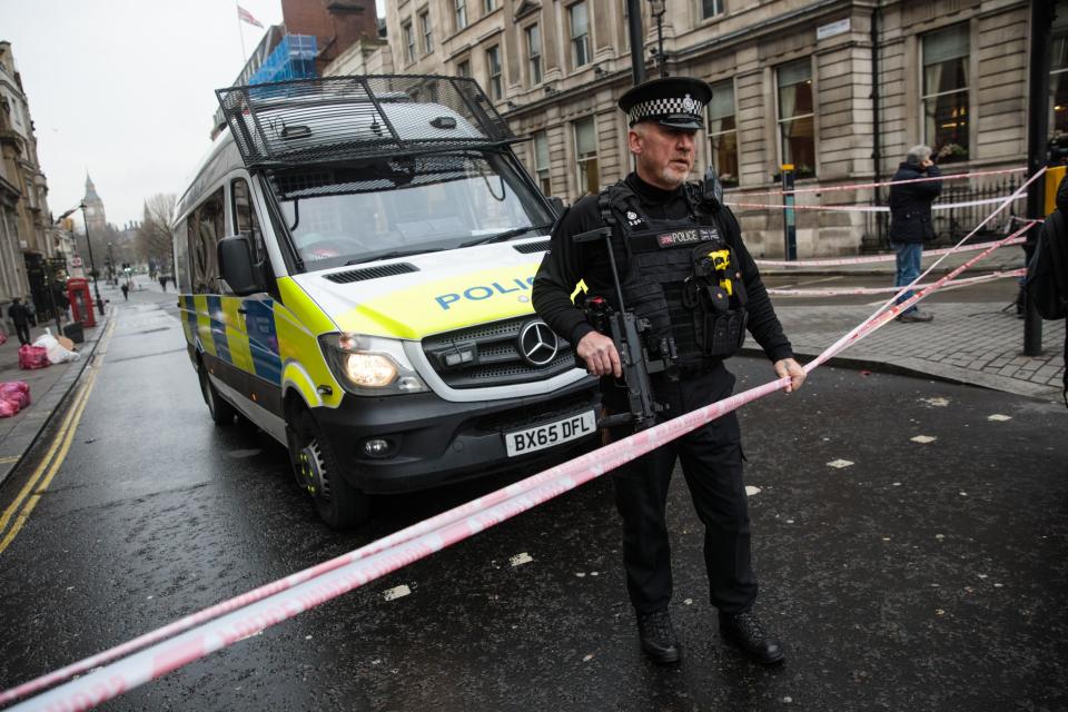 Armed police officer stands guard on Whitehall