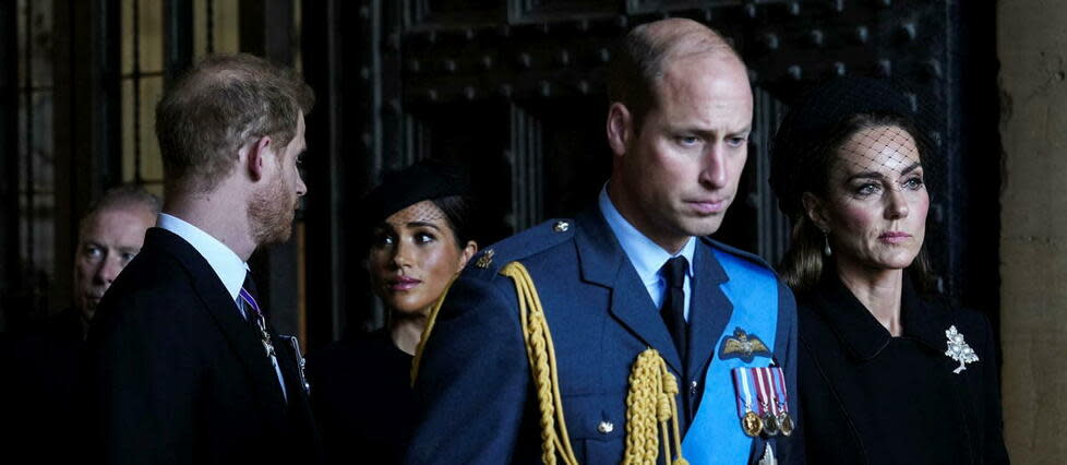 William, Meghan, Harry et Kate lors des obsèques d'Elizabeth II.    - Credit:EMILIO MORENATTI / POOL / AFP