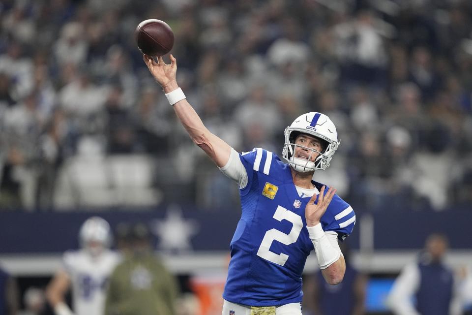 Indianapolis Colts quarterback Matt Ryan throws during the second half of an NFL football game against the Dallas Cowboys, Sunday, Dec. 4, 2022, in Arlington, Texas. (AP Photo/Tony Gutierrez)