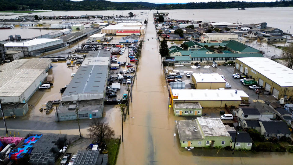 This aerial view shows a flooded neighborhood in Pajaro, California, on March 13, 2023.