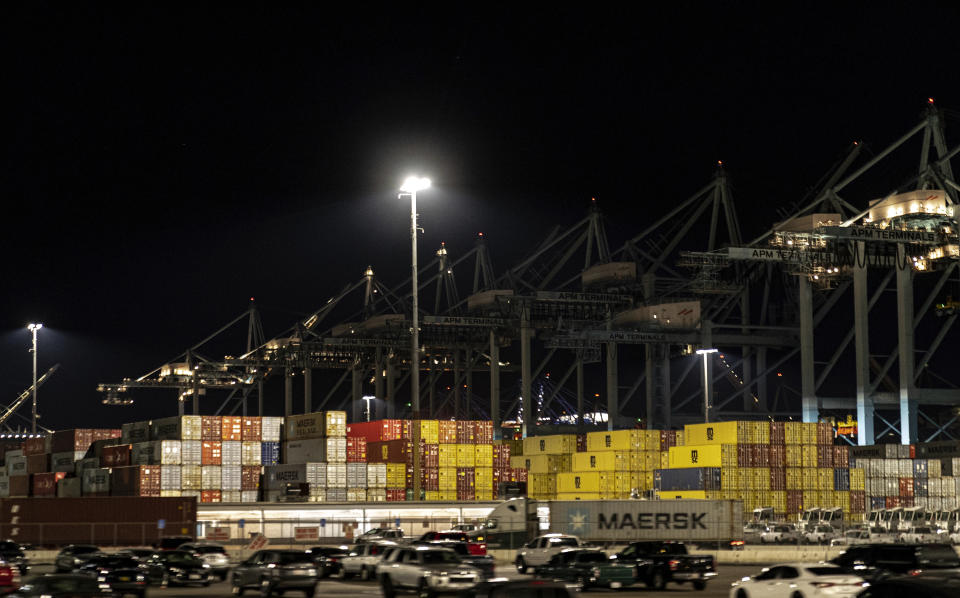 The APM Terminals' Pier 400 facility is seen in the Port of Los Angeles on Monday, Nov. 21, 2022. The supply backlogs of the past two years -- and the delays, shortages and outrageous prices they brought with them -- have improved dramatically since summer. (AP Photo/Damian Dovarganes)